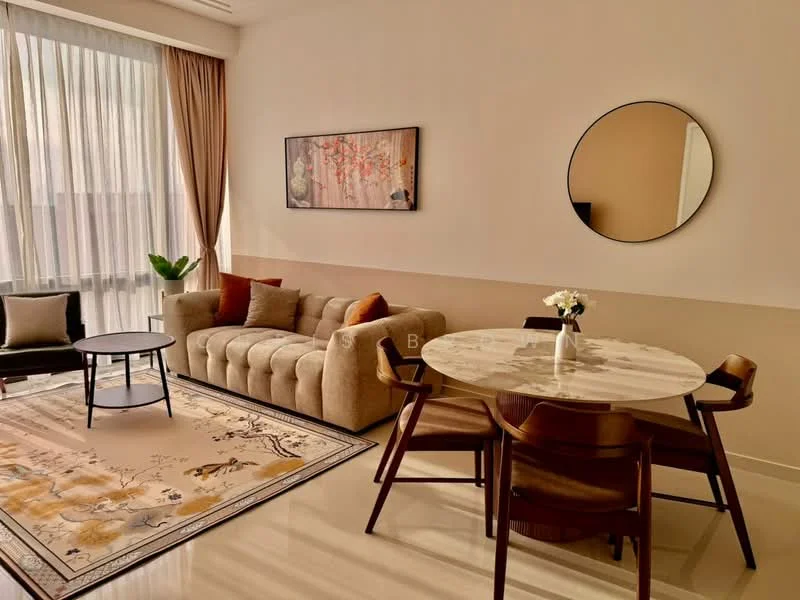 Living features: beige fabric sofa with tufted design, round coffee table with black frame, 6-seater dining table with marble top, wooden dining chairs, area rug with floral pattern, framed artwork on wall, round wall mirror, floor-to-ceiling windows with sheer curtains, decorative houseplant in ceramic pot, light-colored walls, recessed ceiling lights; style: modern.