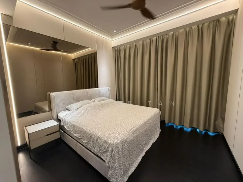 Bedroom features: king-size bed with upholstered headboard, white bedding, nightstand with drawer, floor-to-ceiling mirror, curtains in beige, recessed ceiling lights, ceiling fan, dark wood flooring; style: modern.