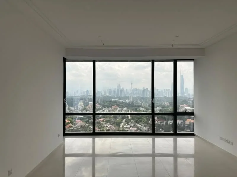Living features: floor-to-ceiling windows, white painted walls, polished marble flooring, city skyline view; style: modern; view: city.