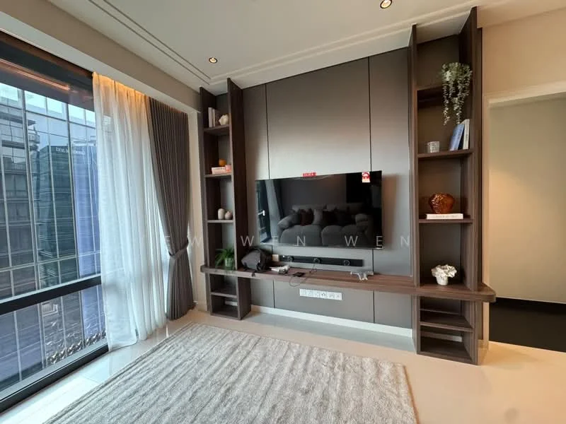 Living features: floor-to-ceiling windows, grey curtains, light wood flooring, built-in TV console, wall-mounted TV, decorative shelves, decorative vases, area rug with neutral color, recessed downlights, wall-mounted decor, neutral painted walls; style: modern; view: city.