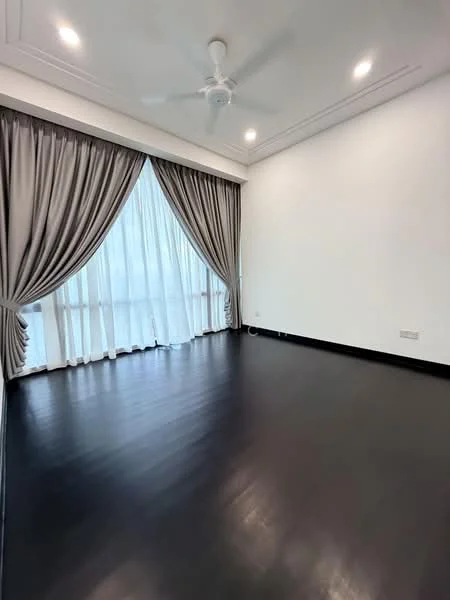 Room features: dark wood flooring, white painted walls, ceiling with recessed lighting, 5-blade ceiling fan, floor-to-ceiling windows, sheer curtains, blackout curtains; style: modern.