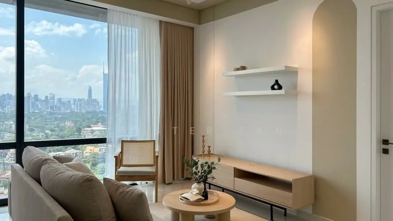Living features: large floor-to-ceiling windows, city skyline view, beige fabric sofa, wooden coffee table, light wood TV console, decorative plant on table, minimalist wall shelf, curtains in light beige, neutral wall color, recessed lighting, area rug, accent chair in natural wood; style: modern; view: city.