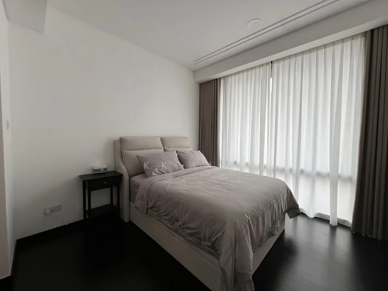 Bedroom features: king-size bed with upholstered headboard, light grey bedding, nightstand with lamp, floor-to-ceiling windows, sheer curtains, dark wood flooring, recessed ceiling lights, decorative wall with minimal decor; style: modern.