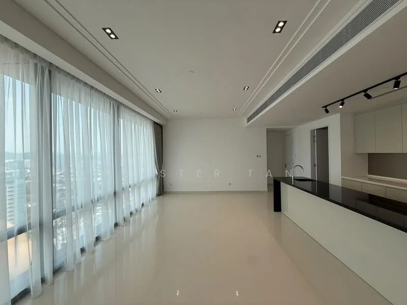 Living features: floor-to-ceiling windows, sheer curtains, white painted walls, recessed downlights, polished concrete flooring, open layout, black countertop, kitchen island, minimalist design, city view; style: modern; view: city.