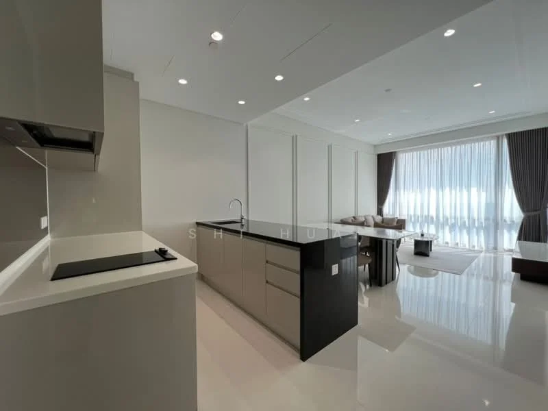Kitchen features: white painted walls, glossy tile flooring, black countertop, single-bowl stainless-steel sink, chrome pull-down faucet, built-in stove, flat-panel grey cabinets, open shelving, recessed downlights; style: modern. Living features: floor-to-ceiling windows, sheer curtains, sofa with cushions, coffee table, area rug, TV console, wall-mounted TV, recessed downlights; style: modern.