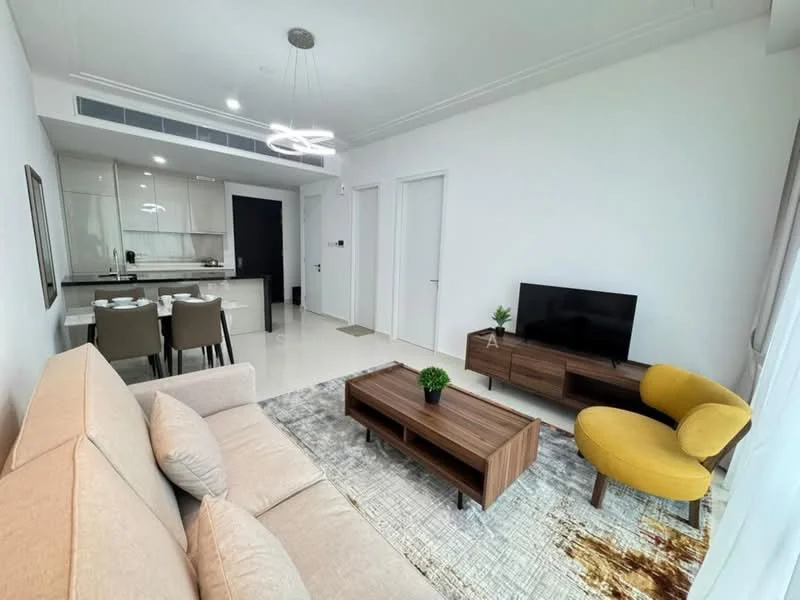 Living features: beige fabric sofa, wooden coffee table, TV console, wall-mounted TV, area rug with geometric pattern, yellow accent chair, decorative plant on coffee table, recessed ceiling lights, modern light fixture, white painted walls, glossy tile flooring; style: modern. Kitchen features: open kitchen layout, white cabinetry, black countertop, stainless-steel appliances, bar stools, recessed lighting; style: modern.