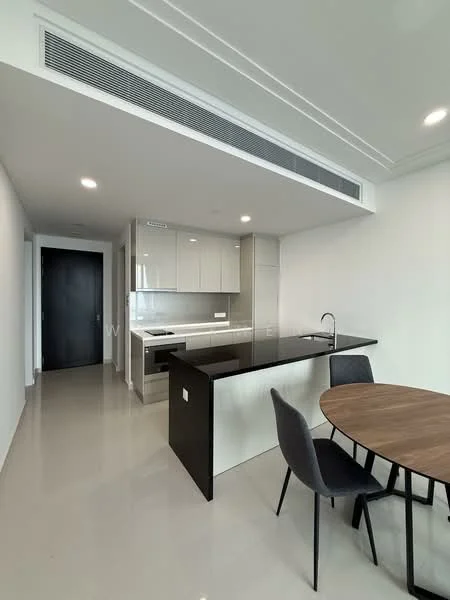 Kitchen features: black granite countertop, white cabinetry, built-in oven, stainless-steel sink, chrome pull-down faucet, ceramic tile flooring, recessed downlights, open shelving, kitchen island, modern dining table, 4 dining chairs; style: modern.