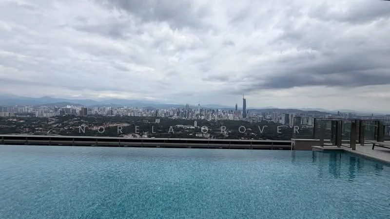 Exterior type: high-rise condominium; features: infinity pool, pool deck with loungers, city skyline view, surrounded by urban landscape, glass railing, outdoor seating area; style: modern.