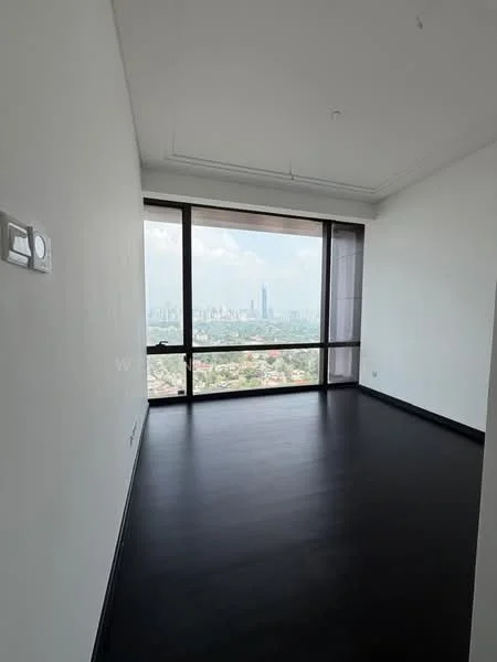 Room features: black laminate flooring, white painted walls, floor-to-ceiling windows, city view, recessed ceiling, no visible furniture, natural light, minimalist design; style: modern; view: city.