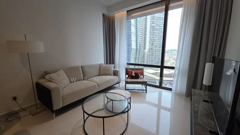 Living features: 3-seater fabric sofa in beige, glass coffee table, floor-to-ceiling windows, sheer curtains, marble TV console, wall-mounted TV, recessed downlights, polished tile flooring, decorative cushions, city view; style: modern; view: city.