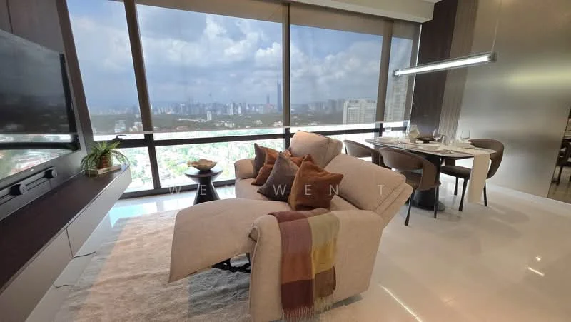 Living features: large floor-to-ceiling windows, city skyline view, beige fabric sofa, decorative throw blanket, area rug, coffee table, wall-mounted TV, recessed lighting, dining table with chairs, neutral wall color, polished tile flooring; style: modern; view: city.