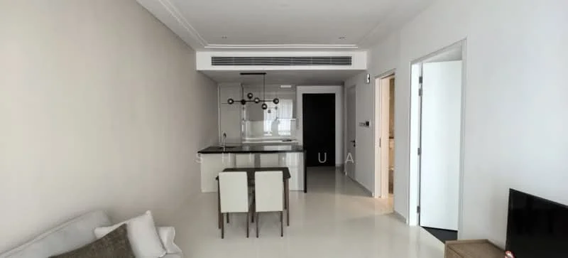 Living features: white painted walls, polished tile flooring, recessed downlights, 5-blade ceiling fan, sofa in light grey fabric, dining table for 4 with white chairs, kitchen island with black countertop, wall-mounted TV, open layout, door leading to hallway, door leading to kitchen; style: modern.