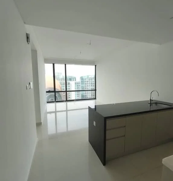 Kitchen features: black granite countertop, single-bowl stainless-steel sink, chrome pull-down faucet, flat-panel grey cabinets, open layout, large floor-to-ceiling windows, white painted walls, polished tile flooring; style: modern; view: city. Room features: white painted walls, polished tile flooring, large floor-to-ceiling windows.