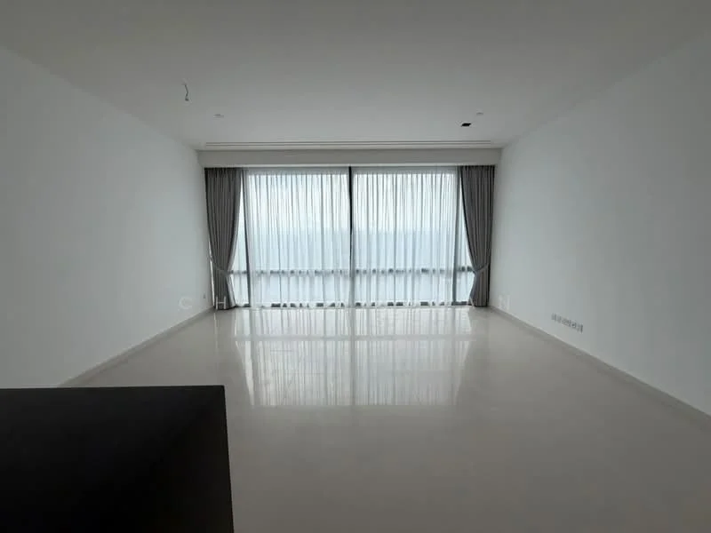 Living features: white painted walls, polished concrete flooring, floor-to-ceiling windows, sheer curtains, grey blackout curtains, recessed downlights; style: modern; view: sea.