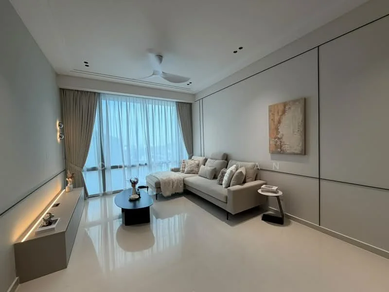 Living features: light grey painted walls, white ceiling, 5-blade ceiling fan with light, floor-to-ceiling windows, sheer curtains, cream fabric sofa, decorative throw pillows, black coffee table, side table, framed artwork on wall, LED strip lighting on shelf, polished tile flooring; style: modern; view: city.