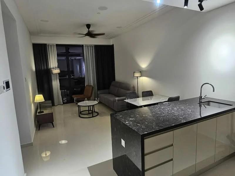 Living features: 3-seater fabric sofa in grey, coffee table, floor lamp, wall-mounted TV, ceiling fan, recessed downlights, area rug, sliding glass door, blackout curtains, light-colored walls, marble flooring, open kitchen layout; style: modern. Kitchen features: kitchen island with black granite countertop, stainless-steel sink, chrome pull-down faucet, built-in cabinetry, recessed downlights; style: modern.
