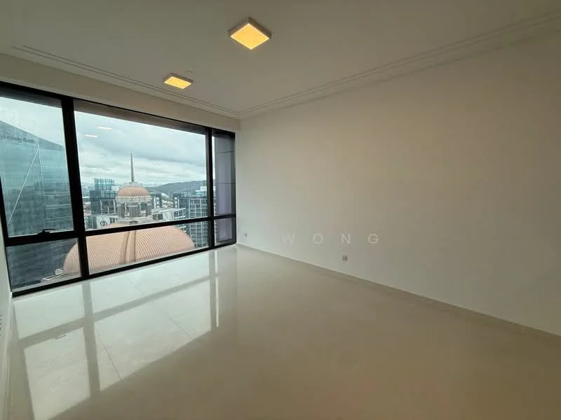 Room features: large floor-to-ceiling windows, white painted walls, marble flooring, recessed ceiling lights, city skyline view; style: modern; view: city.