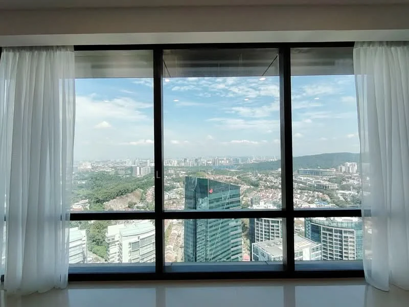 Room features: floor-to-ceiling windows, sheer curtains, city skyline view, mountain view, light-colored walls, polished tile flooring, recessed downlights; style: modern; view: city.