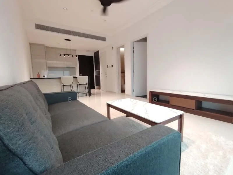 Living features: 3-seater fabric sofa in grey, coffee table with marble top, wall-mounted TV console, marble flooring, recessed downlights, ceiling fan, open layout to kitchen, neutral wall colour; style: modern. Kitchen features: kitchen island with bar stools, built-in cabinetry, stainless-steel appliances, open-plan layout; style: modern. Room features: doorway to bathroom, doorway to bedroom.