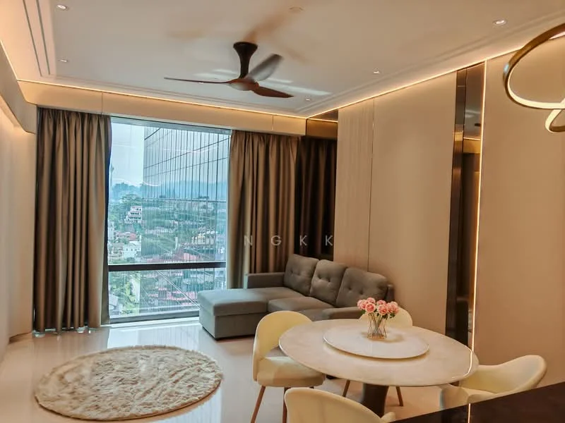 Living features: 5-blade ceiling fan with integrated LED light, grey fabric sectional sofa, round area rug with fluffy texture, glass coffee table, dining table with white surface, 4 upholstered dining chairs, floor-to-ceiling windows, curtains in neutral tone, recessed downlights, wall-mounted decorative lighting; style: modern; view: city.