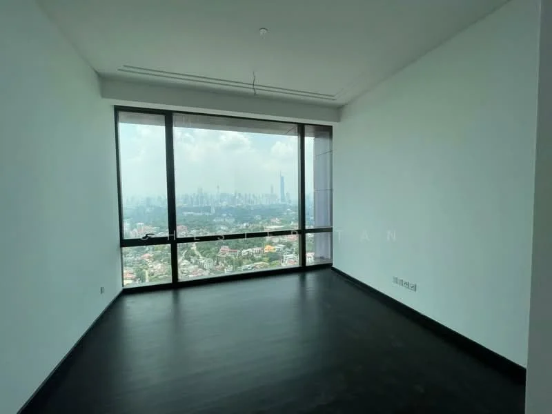 Room features: floor-to-ceiling windows, black flooring, white painted walls, tray ceiling, city view; style: modern; view: city.