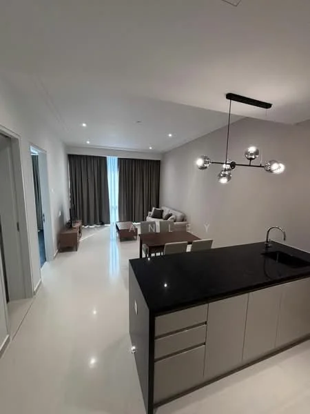 Living features: white painted walls, polished tile flooring, recessed downlights, large windows with sheer curtains, sofa in light color, coffee table, dining table with chairs, modern pendant light fixture, open kitchen layout with island, black countertop, kitchen cabinetry in light color; style: modern.
