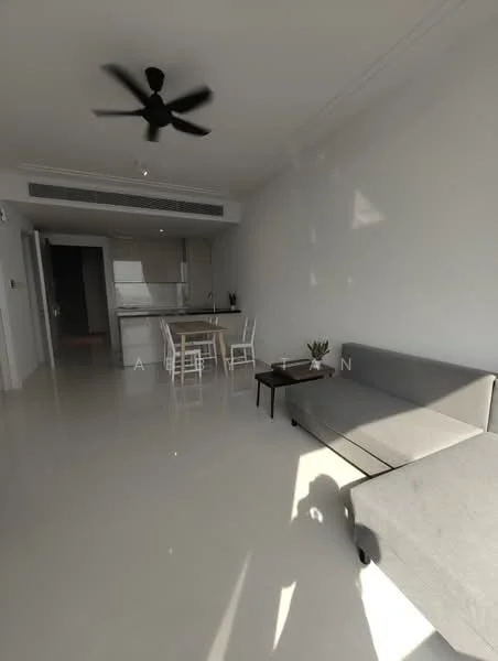 Living features: light grey fabric sofa, coffee table, ceiling fan, white walls, polished tile flooring, dining table with chairs, open-plan layout, natural light from windows; style: modern. Kitchen features: kitchen island, white cabinetry, stainless-steel appliances, quartz countertop, open shelving; style: modern.