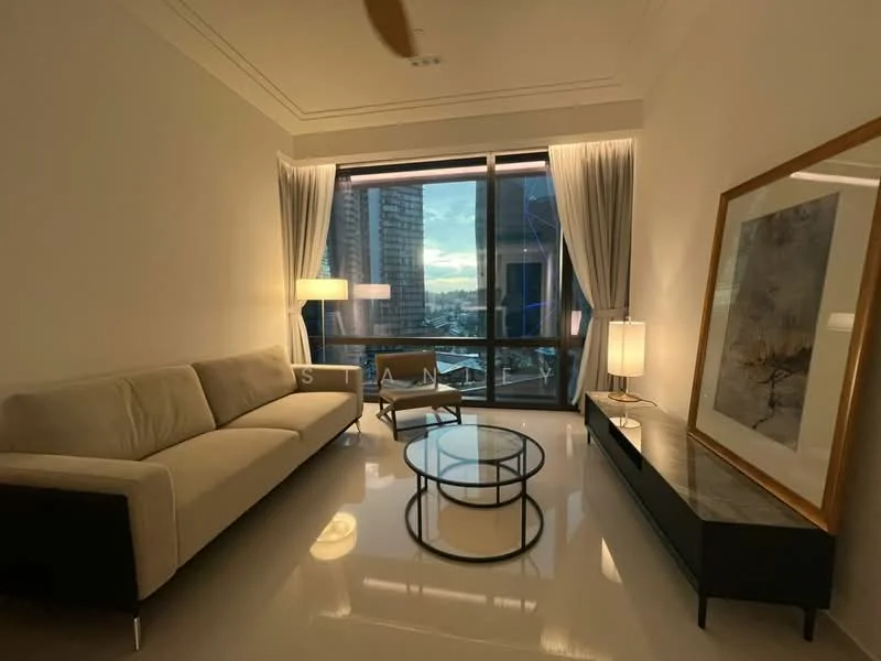 Living features: 3-seater fabric sofa in beige, coffee table with circular glass top, side table with lamp, floor lamp, TV console, large window with city view, sheer curtains, recessed ceiling lights, polished tile flooring, decorative artwork on wall; style: modern; view: city.