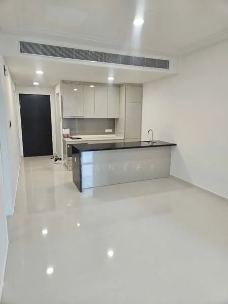 Kitchen features: white painted walls, glossy tile flooring, flat-panel grey cabinets, black countertop, single-bowl stainless-steel sink, chrome pull-down faucet, built-in oven, recessed downlights, air conditioning vent, open layout, kitchen island; style: modern.