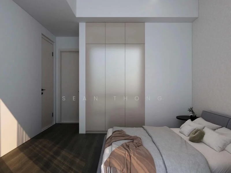 Bedroom features: queen-size bed, upholstered headboard, bedside table, built-in wardrobe with sliding doors, white painted walls, light grey accent wall, dark wood flooring, natural light from window; style: modern.