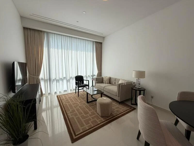 Living features: cream painted walls, white ceiling, marble tile flooring, floor-to-ceiling windows, sheer curtains, 3-seater fabric sofa in light grey, black accent chair, round dining table, 2 upholstered dining chairs, decorative area rug with geometric pattern, wall-mounted TV, table lamp with fabric shade, indoor plant in ceramic pot; style: modern.