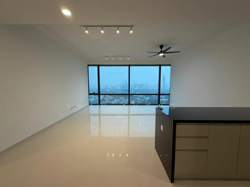 Living features: white painted walls, polished tile flooring, 5-blade ceiling fan, recessed LED downlights, large floor-to-ceiling windows, black countertop, kitchen cabinetry, city skyline view; style: modern; view: city.