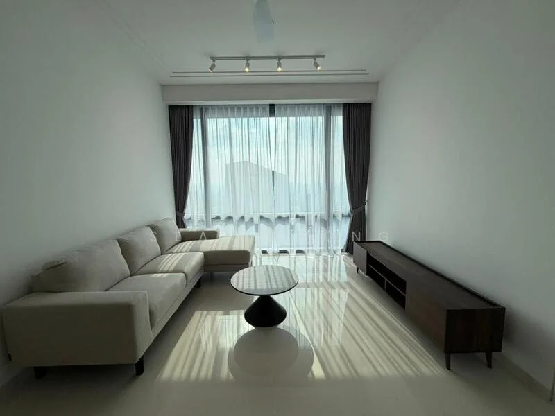 Living features: light beige fabric sofa, round coffee table with black base, TV console in dark wood, floor-to-ceiling windows, sheer curtains, dark grey curtains, recessed downlights, polished tile flooring, white painted walls, ceiling fan with light; style: modern.