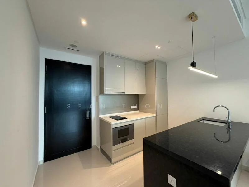 Kitchen features: black granite countertop, grey flat-panel cabinets, built-in oven, induction cooktop, stainless-steel sink, chrome pull-down faucet, recessed downlights, white walls, tile flooring, island with seating, modern pendant light; style: modern.