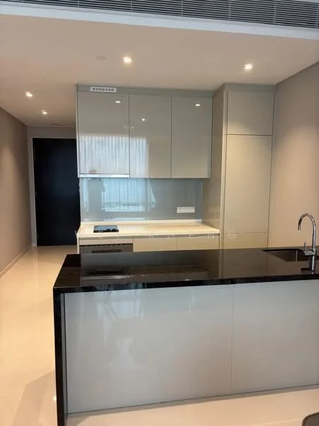 Kitchen features: grey high-gloss cabinetry, black granite countertop, stainless-steel sink, chrome pull-down faucet, built-in oven, 4-burner gas hob, white tiled backsplash, recessed LED downlights, marble tile flooring, floor-to-ceiling windows, open layout, island with seating area; style: modern.