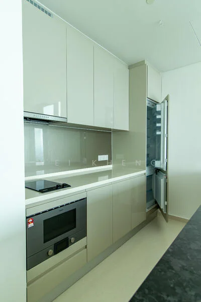 Kitchen features: light grey cabinetry, built-in oven, stainless-steel fridge, ceramic cooktop, white countertop, wall-mounted range hood, drawer storage, open shelving, recessed lighting, neutral wall colour, tile flooring; style: modern.