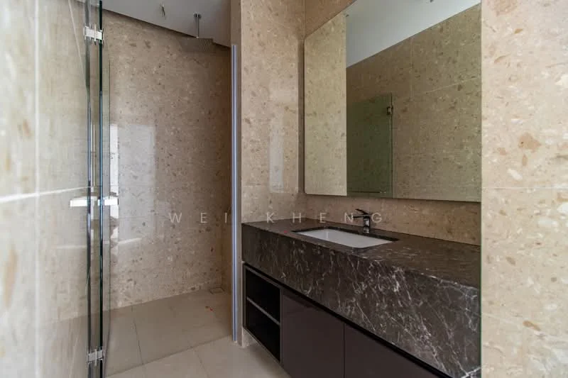 Bathroom features: marble countertop, single-sink vanity with dark wood cabinet, framed mirror, glass shower enclosure, tile flooring, stone wall cladding, recessed lighting; style: modern.