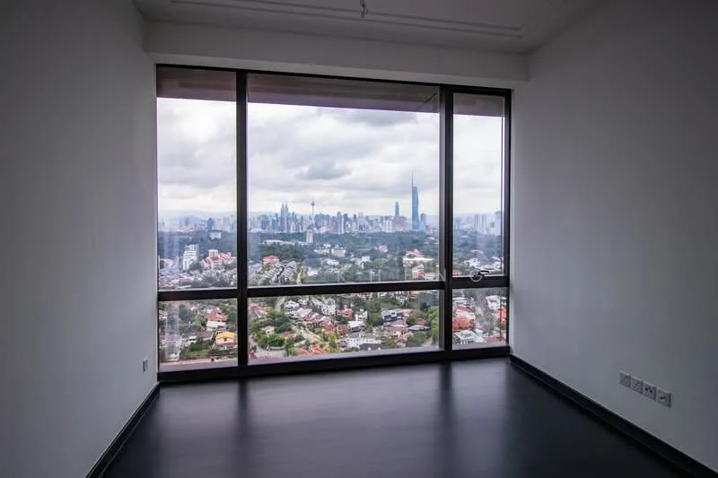 Room features: floor-to-ceiling windows, city view, white painted walls, dark flooring, no visible furniture, minimalist design, natural light, high ceiling; style: modern; view: city.