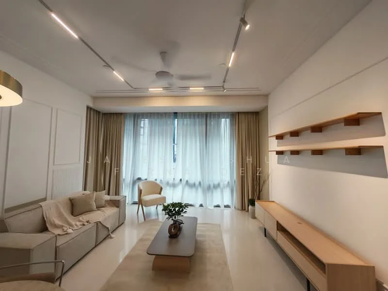 Living features: 3-seater fabric sofa in light beige, coffee table with wooden surface, TV console with wooden finish, wall-mounted shelf, floor-to-ceiling windows, sheer curtains, recessed LED downlights, ceiling fan, light-colored walls, polished tile flooring, decorative plant on coffee table; style: modern.