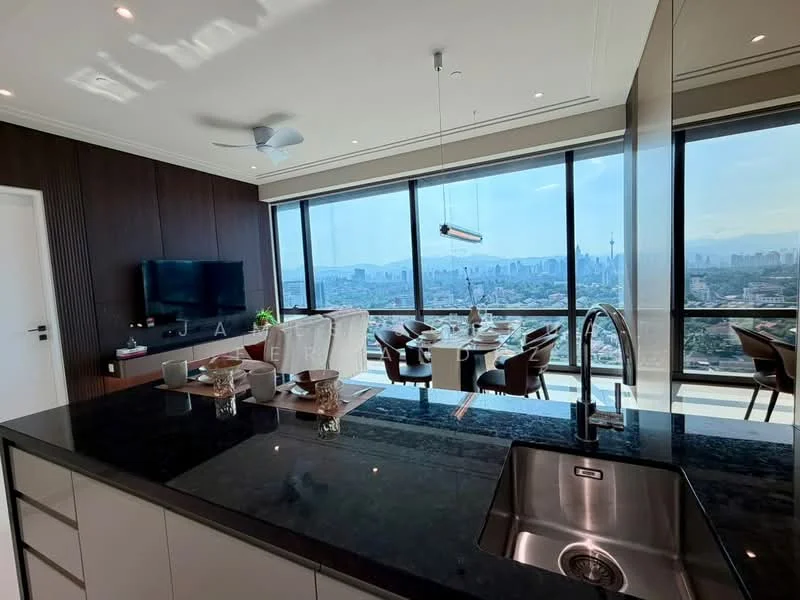 Kitchen features: black granite countertop, single-bowl stainless-steel sink, chrome pull-down faucet, white cabinetry, built-in oven, stainless-steel range hood, 5-blade ceiling fan with light, floor-to-ceiling windows, city skyline view, open-plan layout, dining area adjacent to kitchen, recessed downlights; style: modern; view: city.
