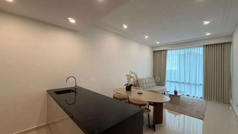 Living features: white painted walls, recessed downlights, floor-to-ceiling windows, sheer curtains, light-colored sofa, round coffee table, area rug, dining table with chairs, black countertop, kitchen island, vinyl plank flooring; style: modern; view: city.