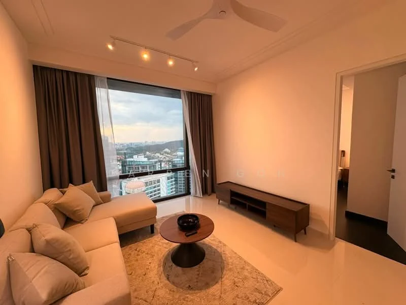 Living features: L-shape sectional sofa in light beige, coffee table with round black top, area rug with geometric pattern, floor-to-ceiling windows, curtains in dark grey, recessed downlights, ceiling fan, wooden TV console, decorative wall art, neutral painted walls, polished tile flooring; style: modern; view: city.