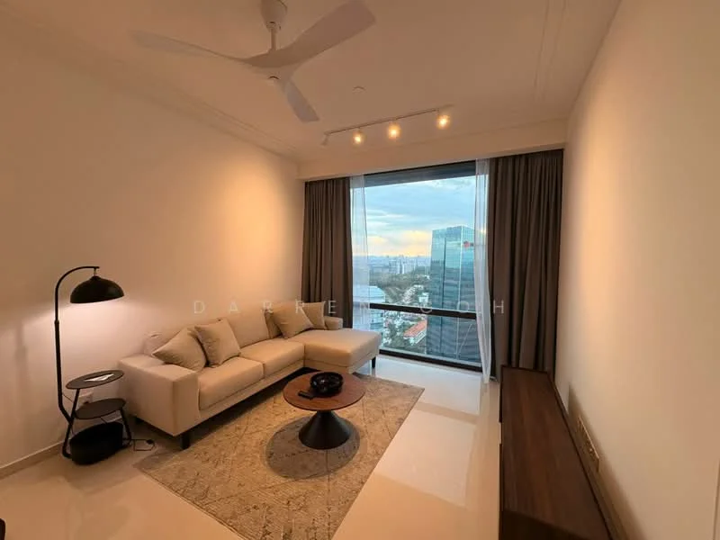 Living features: 3-seater fabric sofa in light beige, round area rug, floor-to-ceiling windows, city skyline view, light grey curtains, white painted walls, recessed downlights, ceiling fan, black floor lamp, coffee table; style: modern; view: city.