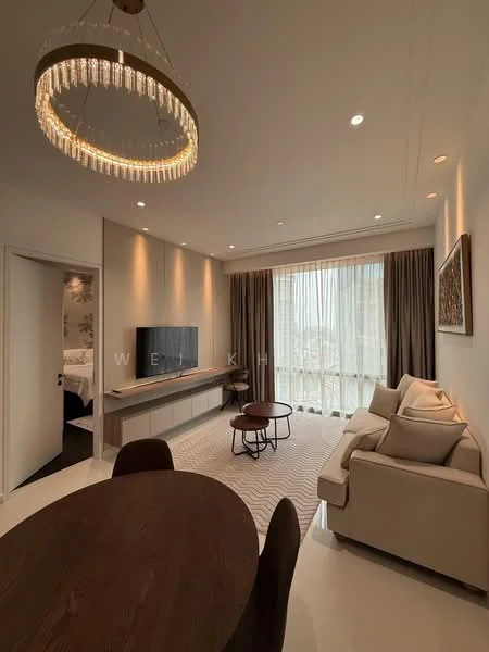 Living features: chandelier with crystal accents, floor-to-ceiling windows, sheer curtains, light brown sofa with cushions, wooden coffee table, TV console with wall-mounted TV, decorative wall art, recessed downlights, cream painted walls, light-coloured area rug; style: modern; view: city.