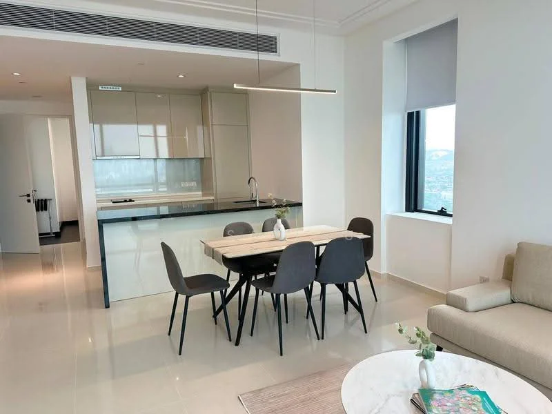 Dining features: 6-seater dining table, grey upholstered dining chairs, pendant light above table, white marble tabletop, floor-to-ceiling window, city view, light-coloured walls, polished tile flooring; style: modern; view: city. Kitchen features: kitchen island with seating, stainless-steel sink, chrome pull-down faucet, built-in oven, built-in stove, white cabinetry, glass backsplash, recessed downlights; style: modern. Living features: beige fabric sofa, coffee table with marble top, area rug, decorative plant, light-coloured walls, polished tile flooring; style: modern.