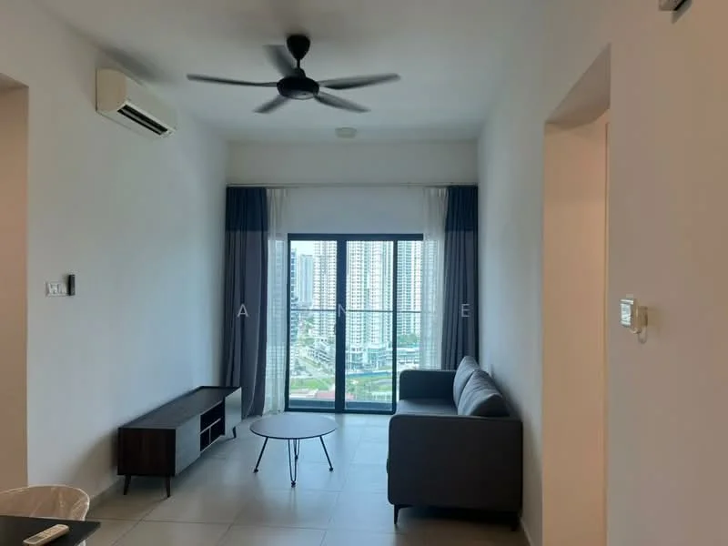 Living features: grey fabric sofa, round coffee table, wall-mounted TV console, 5-blade ceiling fan with light, floor-to-ceiling windows, sheer curtains, blackout curtains, tile flooring, air conditioning unit; style: modern; view: city.
