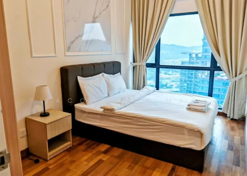 Bedroom features: king-size bed, upholstered headboard, white bedding, wooden bedside table, table lamp, floor-to-ceiling windows, curtains, wooden flooring, city view; style: modern; view: city.