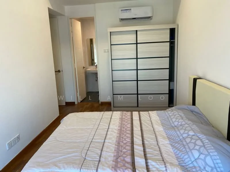 Bedroom features: queen-size bed with patterned bedding, wooden flooring, built-in wardrobe with sliding doors, wall-mounted air conditioning unit, neutral painted walls, window with natural light, door leading to bathroom, decorative wall art; style: modern.