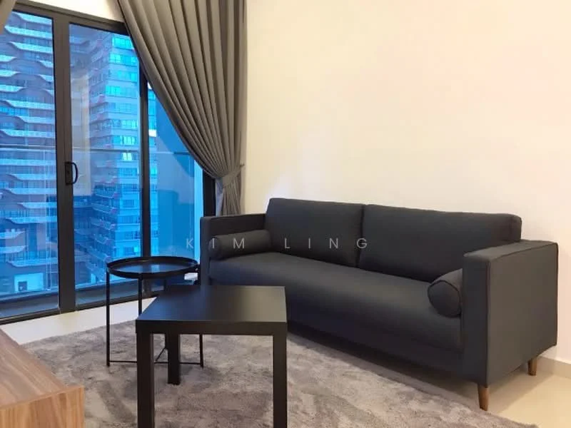 Living features: 3-seater fabric sofa in dark grey, black coffee table, light grey area rug, floor-to-ceiling windows, sheer curtains, city view, light-coloured walls, wooden flooring; style: modern; view: city.