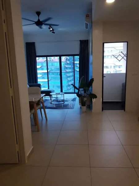 Living features: light grey tiled flooring, 5-blade ceiling fan with light, floor-to-ceiling windows, sliding glass door, curtains, indoor plants, sofa, dining table with chairs, wall-mounted air conditioning unit, recessed lighting; style: modern; view: city. Room features: white painted walls, doorway leading to another room.